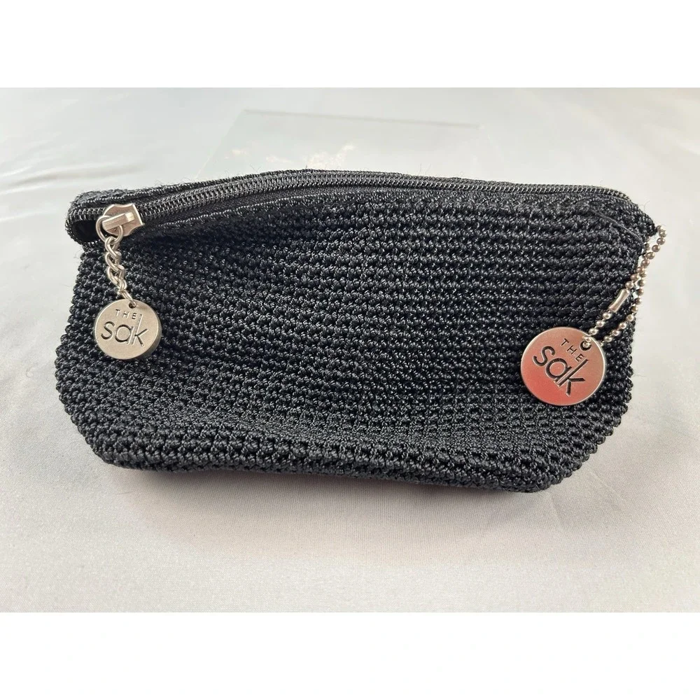 The Sak Black Crochet Knit Zipper Pouch‎ Coin Purse Cosmetic Bag Small